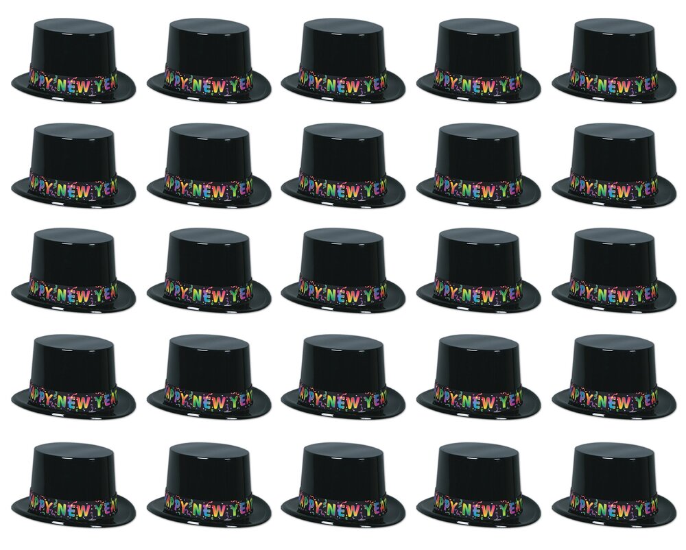 7199 25-Person Happy New Year's Top Hats, Black & Multicolor NYE Party